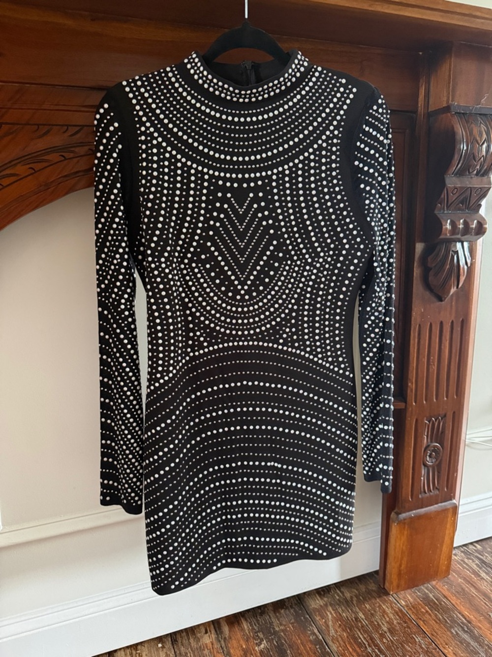 Black Long-Sleeve Studded Mock Neck Dress